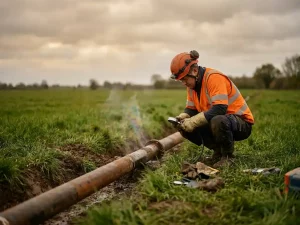 Technician in high-visibility vest crouching beside an exposed buried pipeline in a field, with a faint iridescent shimmer rising from the soil indicating a gas leak.