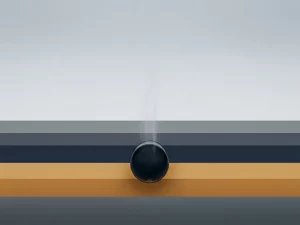 Cross-section of a buried steel pipeline through layered earth strata with a faint plume rising into open sky above ground.