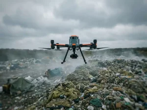 Drone with downward-facing sensors hovering over a vast landfill site beneath an overcast sky, with faint methane haze near the waste surface.