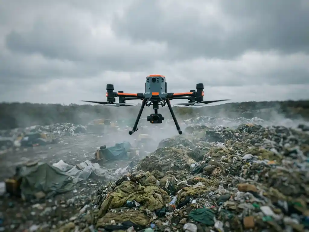 Drone with downward-facing sensors hovering over a vast landfill site beneath an overcast sky, with faint methane haze near the waste surface.