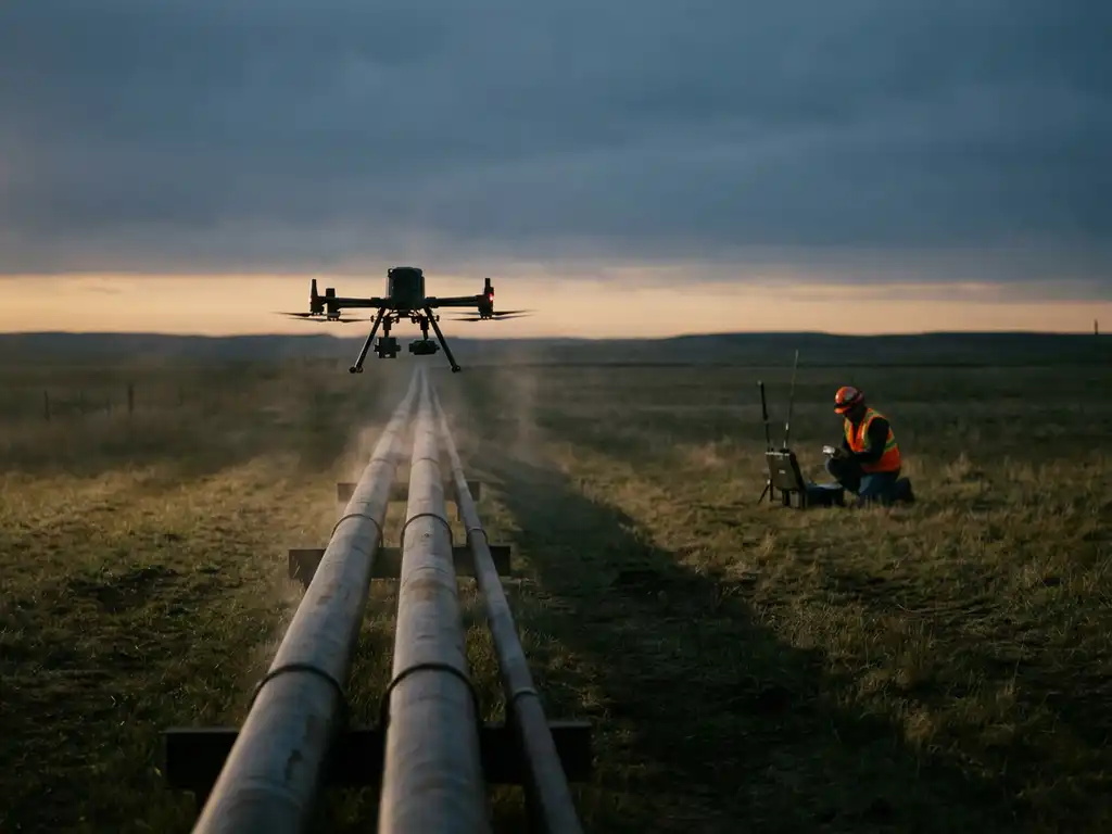 Drone hovering over rural gas pipeline corridor at dusk while a technician in hi-vis vest monitors methane emissions at golden hour.
