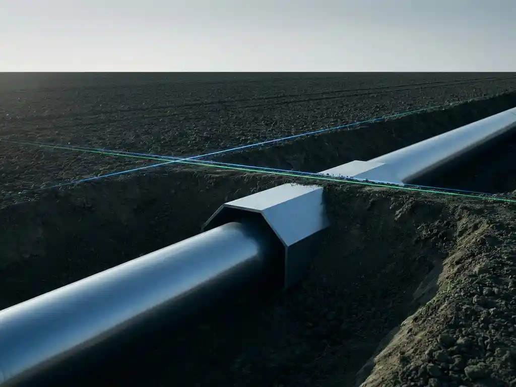 Gas pipeline cross-section in dark European soil with laser scanning beams in charcoal, forest green, and steel blue tones.