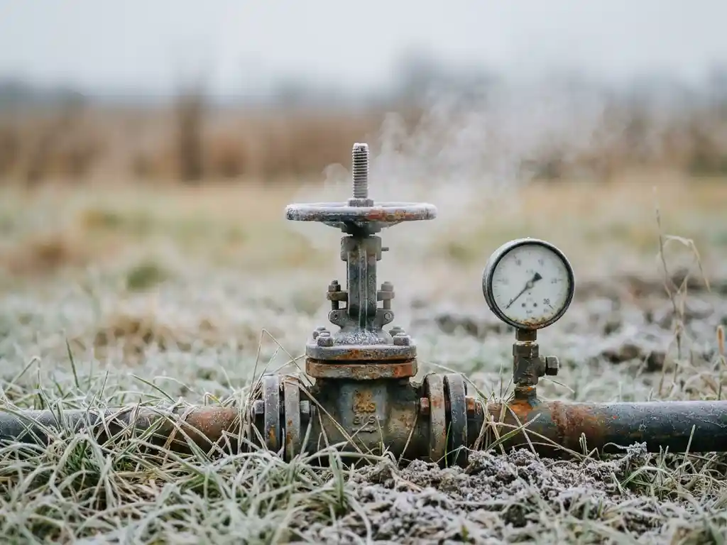 Frost-covered gas pipeline valve and pressure gauge in an open field, vapor rising in cold morning air, weathered metal textures.