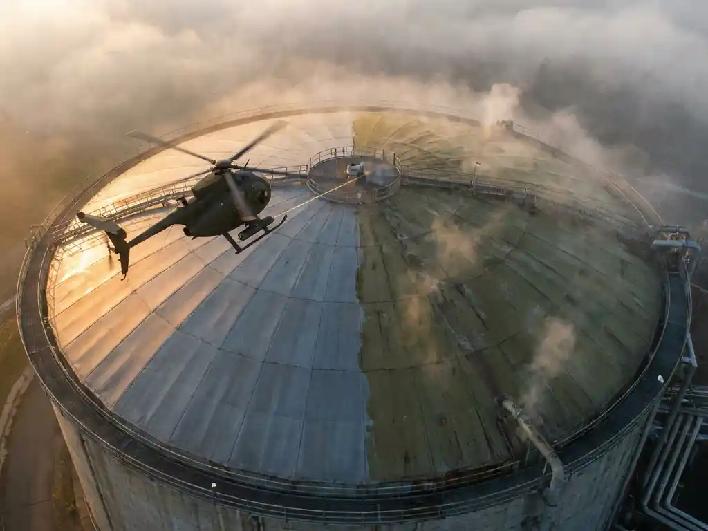 Helicopter scanning a circular biogas membrane dome at sunrise, laser beam cutting through morning haze over half-surveyed facility.