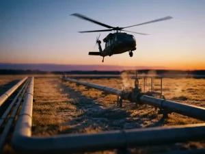 Helicopter conducting low-altitude inspection over frost-covered industrial gas pipeline corridor at dusk, amber sunset light illuminating steel pipelines and valve station.