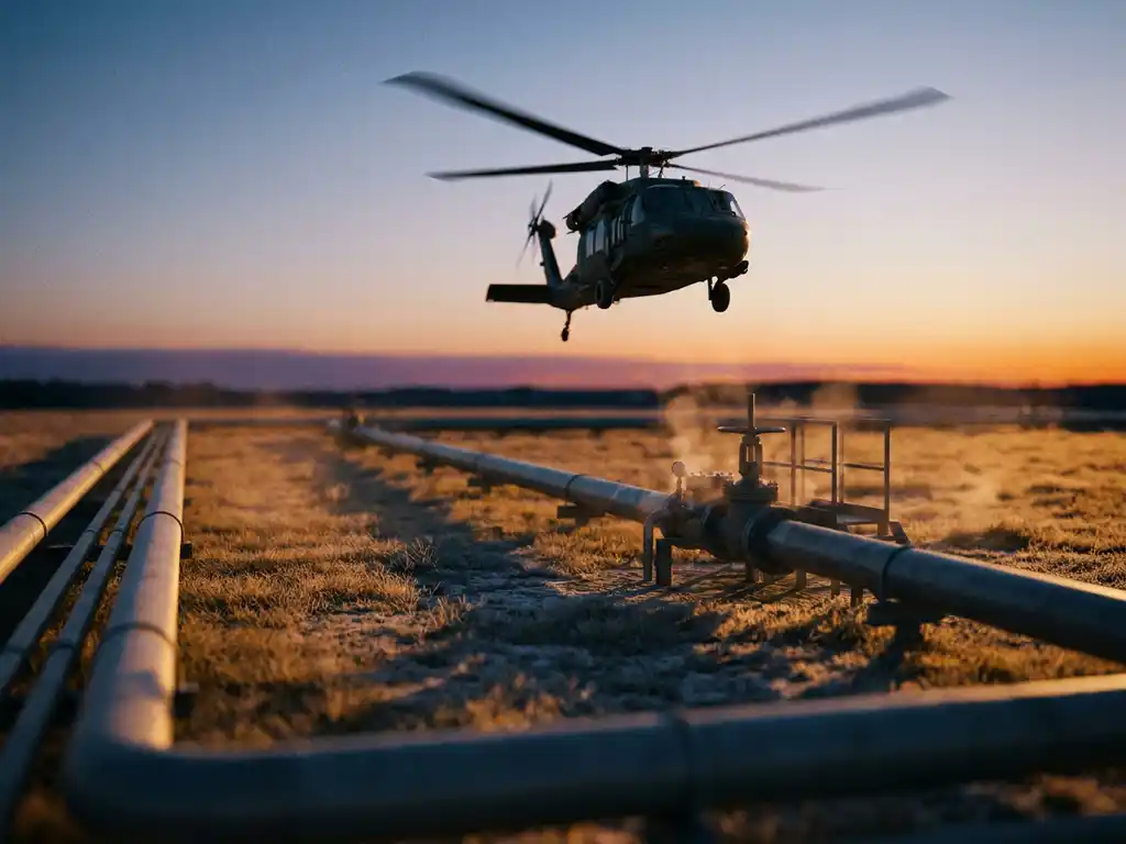 Helicopter conducting low-altitude inspection over frost-covered industrial gas pipeline corridor at dusk, amber sunset light illuminating steel pipelines and valve station.
