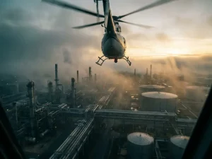 Helicopter scanning industrial facility at sunrise with laser beam targeting pipe networks and storage tanks through morning mist.