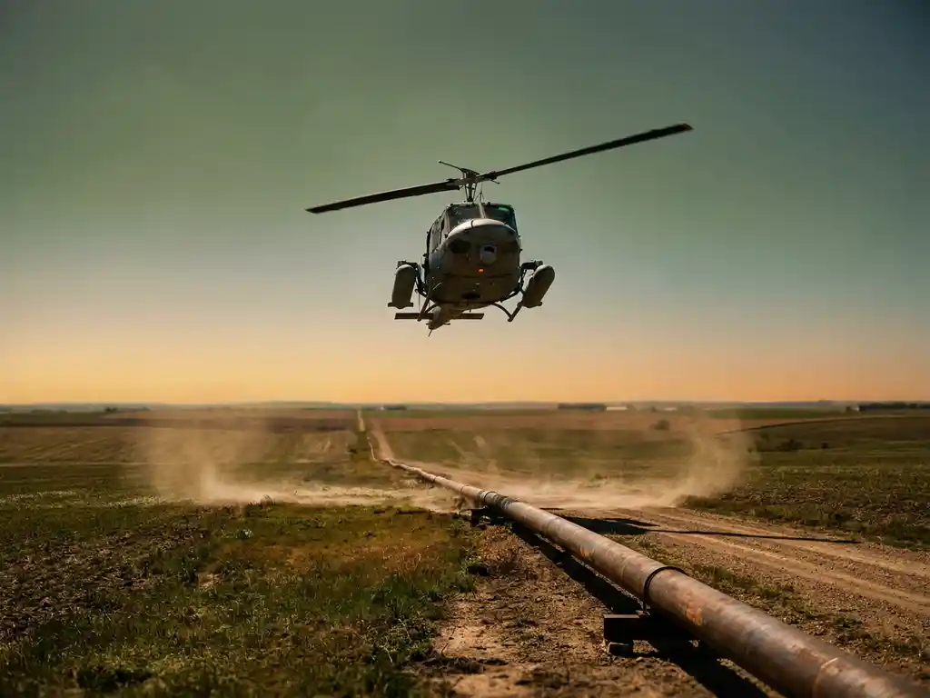 Helicopter with laser sensors flying low over a rural gas pipeline corridor, scanning farmland beneath an amber afternoon sky.