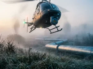 Helicopter with laser sensor system hovering over a foggy pipeline corridor at dawn, frost-edged grass below in cool blue and amber morning light.