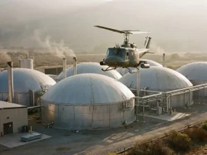 Helicopter with laser sensors flying low over a biogas facility, scanning silver digestor tanks for methane emissions in golden afternoon light.