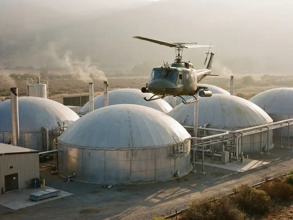 Helicopter with laser sensors flying low over a biogas facility, scanning silver digestor tanks for methane emissions in golden afternoon light.