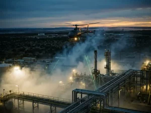 Helicopter scanning methane plumes with laser beams over misty industrial gas facility at dusk, amber twilight and cinematic haze.