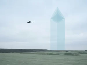 Helicopter silhouette hovering over a flat landfill with a translucent geometric methane plume rising into an overcast sky.