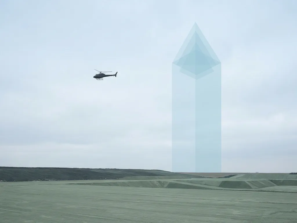 Helicopter silhouette hovering over a flat landfill with a translucent geometric methane plume rising into an overcast sky.