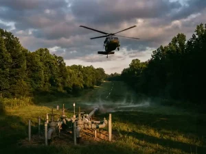 Helicopter flying low over a green pipeline corridor at dusk, with industrial valve equipment visible and warm golden-hour backlight.