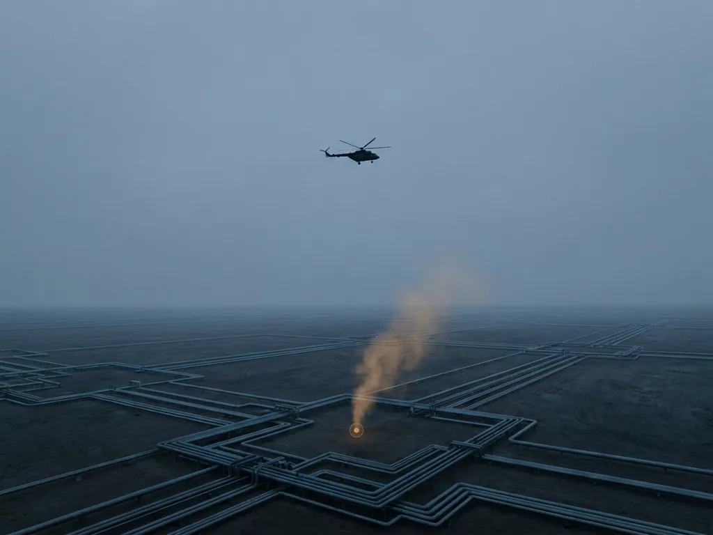 Helicopter silhouette hovering over geometric pipeline grid with amber-marked leak detection point and faint translucent plume rising below.