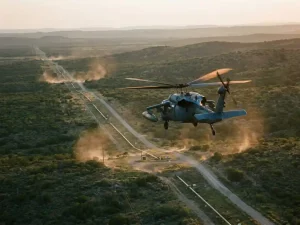 Helicopter with downward-facing sensors flying low over a green pipeline corridor at golden hour, scanning for buried gas leaks.