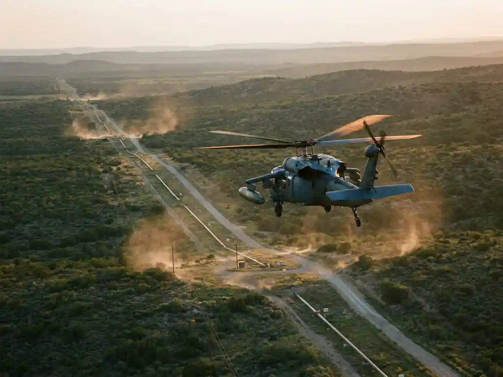 Helicopter with downward-facing sensors flying low over a green pipeline corridor at golden hour, scanning for buried gas leaks.