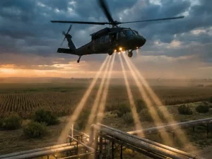 Helicopter conducting low-altitude laser inspection over a pipeline corridor at golden hour, vast farmland stretching to the horizon beneath a dramatic sky.