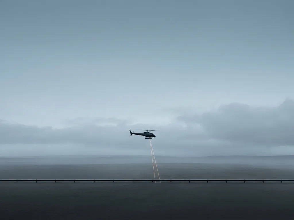 Helicopter silhouette flying low over a dark pipeline, projecting two amber laser beams onto a misty flat landscape under overcast sky.