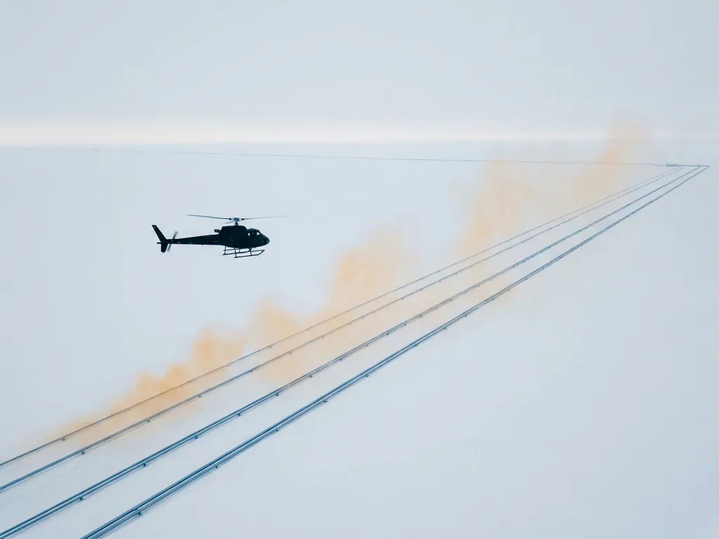 Helicopter flying low over parallel oil pipelines with faint amber methane haze rising from the ground under pale diffused daylight.