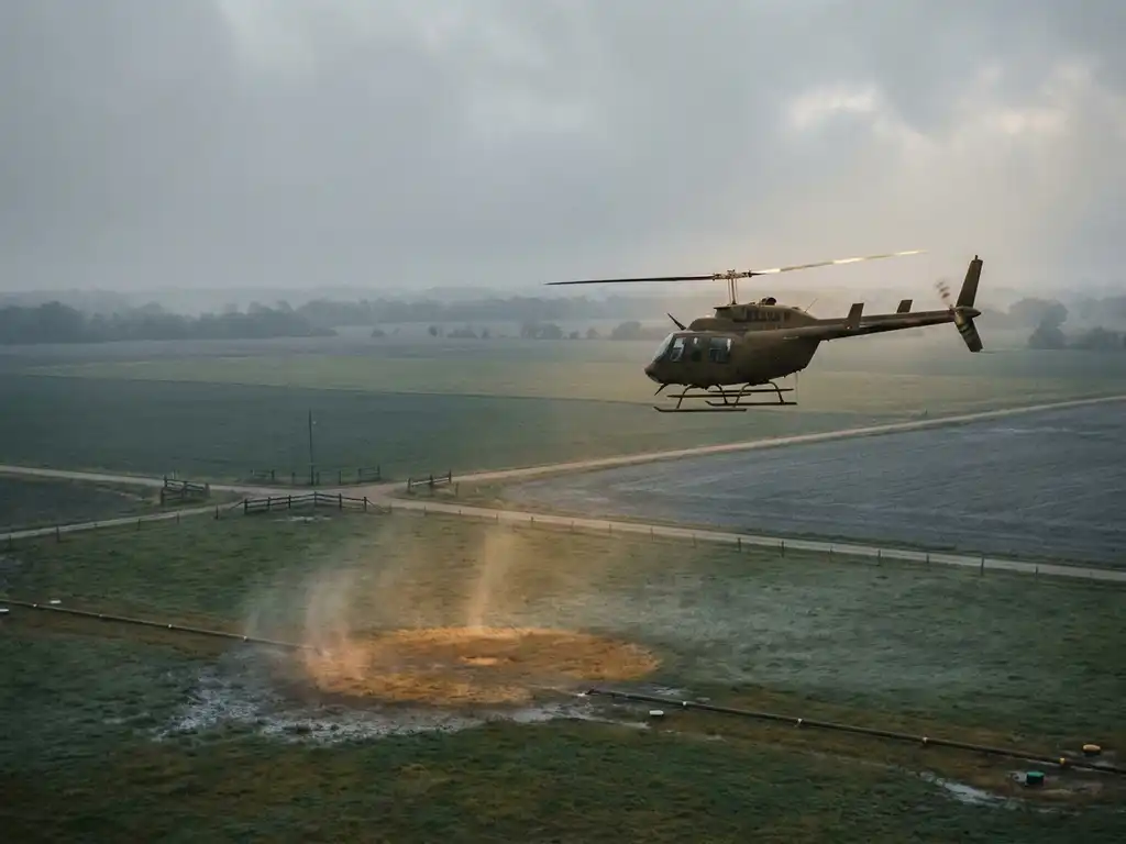 Helicopter conducting low-altitude methane leak detection over agricultural fields with buried pipeline infrastructure at misty dawn.