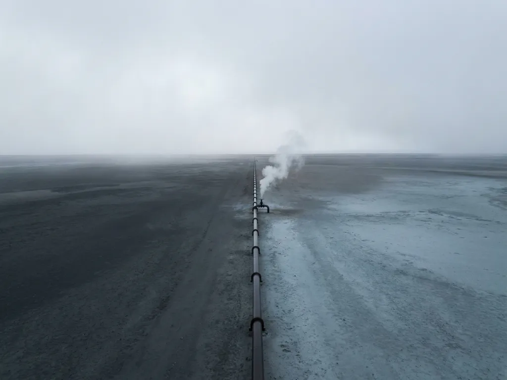 Aerial view of a solitary industrial pipeline crossing a flat landscape with a single pale gas plume rising against an overcast grey sky.