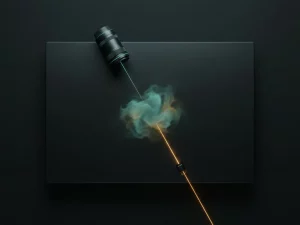 Infrared camera lens and amber laser beam converging on a translucent gas cloud, minimalist flat-lay render in charcoal and teal tones.