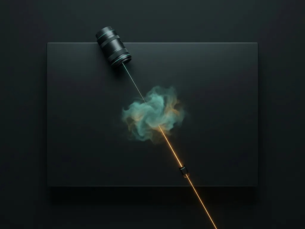 Infrared camera lens and amber laser beam converging on a translucent gas cloud, minimalist flat-lay render in charcoal and teal tones.