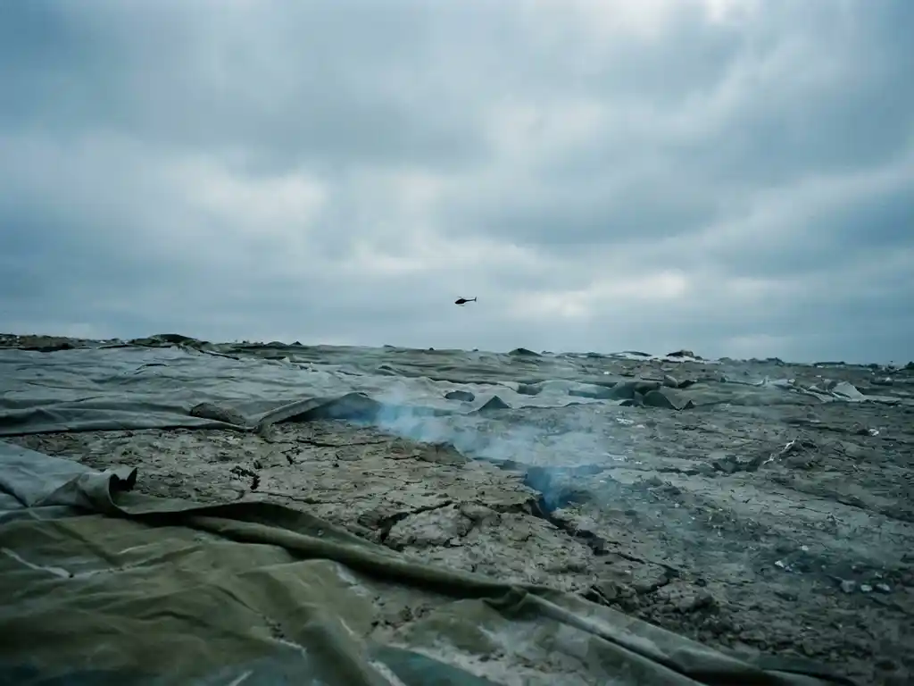 Weathered landfill cover with methane vapor rising from cracked earth, helicopter silhouette in overcast sky above muted grey-green terrain.