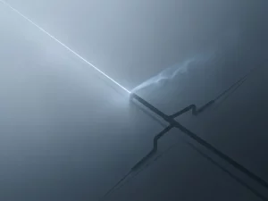 Laser beam deflecting off methane vapor above a minimalist pipeline silhouette in muted steel blue and charcoal tones.