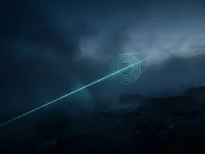 Laser beam cutting through dark atmospheric haze over open landscape, dissolving into concentric measurement rings in midnight blue and teal.