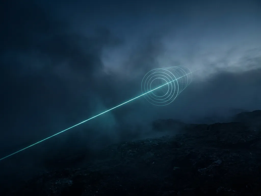 Laser beam cutting through dark atmospheric haze over open landscape, dissolving into concentric measurement rings in midnight blue and teal.
