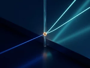 Dual-wavelength laser beam splitting over a gas column with molecular scatter, cyan tones, and amber focal glow.