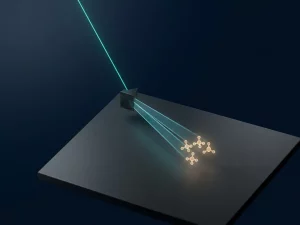 Laser beam splitting into two parallel rays targeting a methane molecule cluster above a dark surface, midnight blue background.