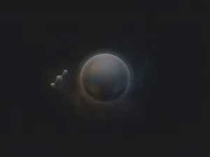 Large methane molecule sphere dwarfing a slender CO2 molecule against a dark charcoal background, illustrating greenhouse gas size comparison.