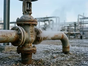 Weathered industrial valve assembly releasing methane vapor plume into cold air, surrounded by frost-dusted steel pipework and flanged joints.