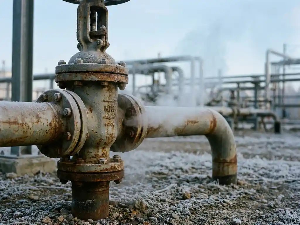 Weathered industrial valve assembly releasing methane vapor plume into cold air, surrounded by frost-dusted steel pipework and flanged joints.