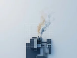 Translucent geometric layers visualizing methane gas emissions rising from an industrial facility silhouette against a slate blue background.