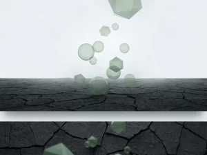 Pale green methane gas molecules rising from dark cracked earth, minimalist geometric composition with charcoal and sage tones.