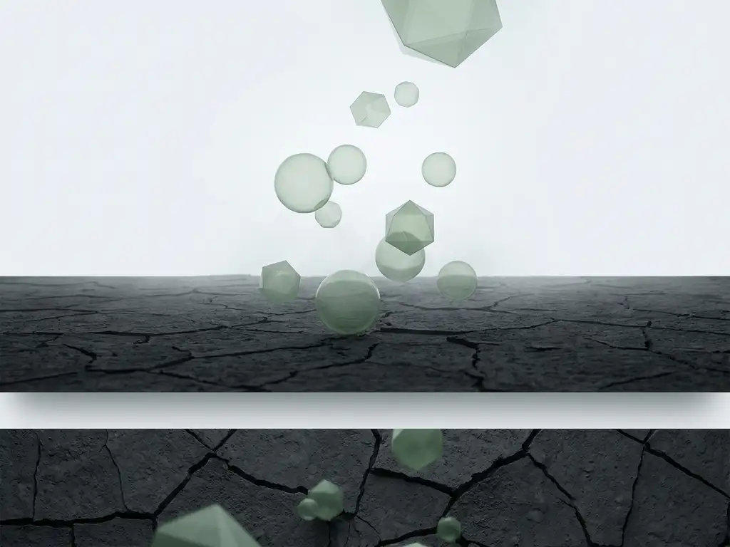 Pale green methane gas molecules rising from dark cracked earth, minimalist geometric composition with charcoal and sage tones.