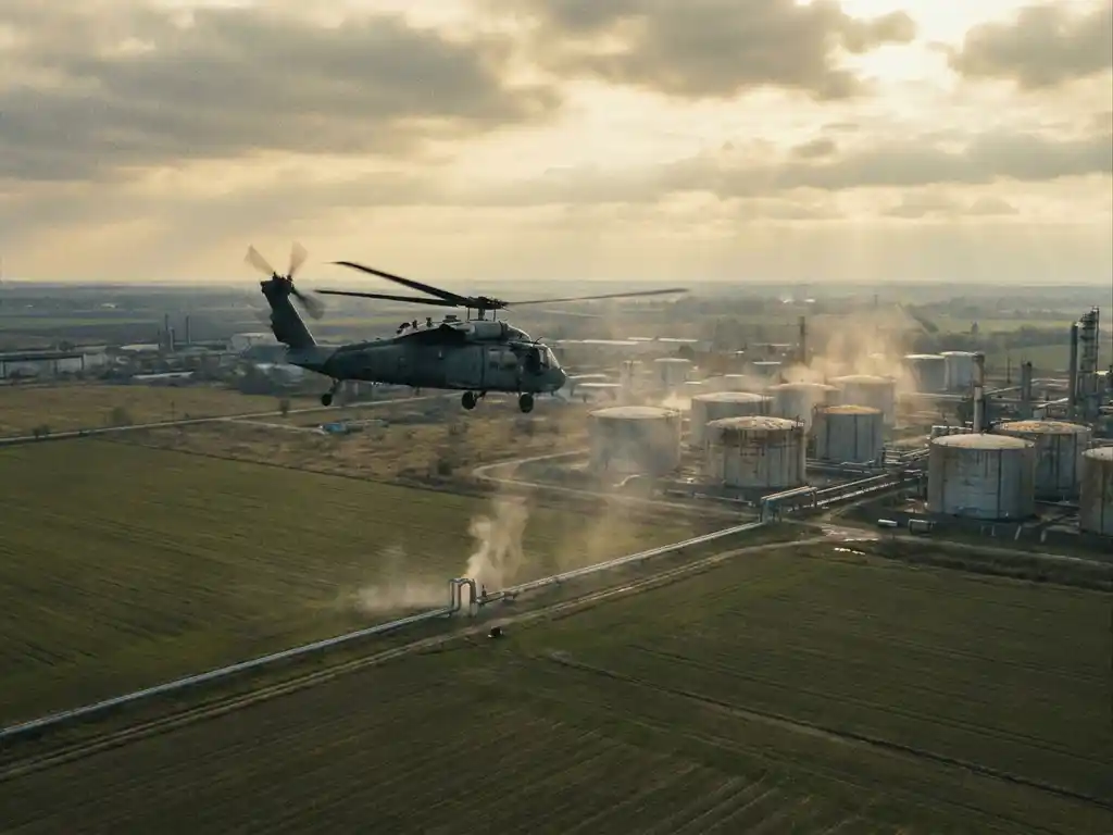 Helicopter conducting aerial methane leak detection over industrial pipeline and storage tanks in green fields, heat-shimmer haze rising from pipe joint.