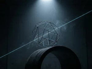 Wireframe methane molecule suspended above a dark pipeline cross-section, illuminated by a cyan laser beam detecting natural gas leaks.