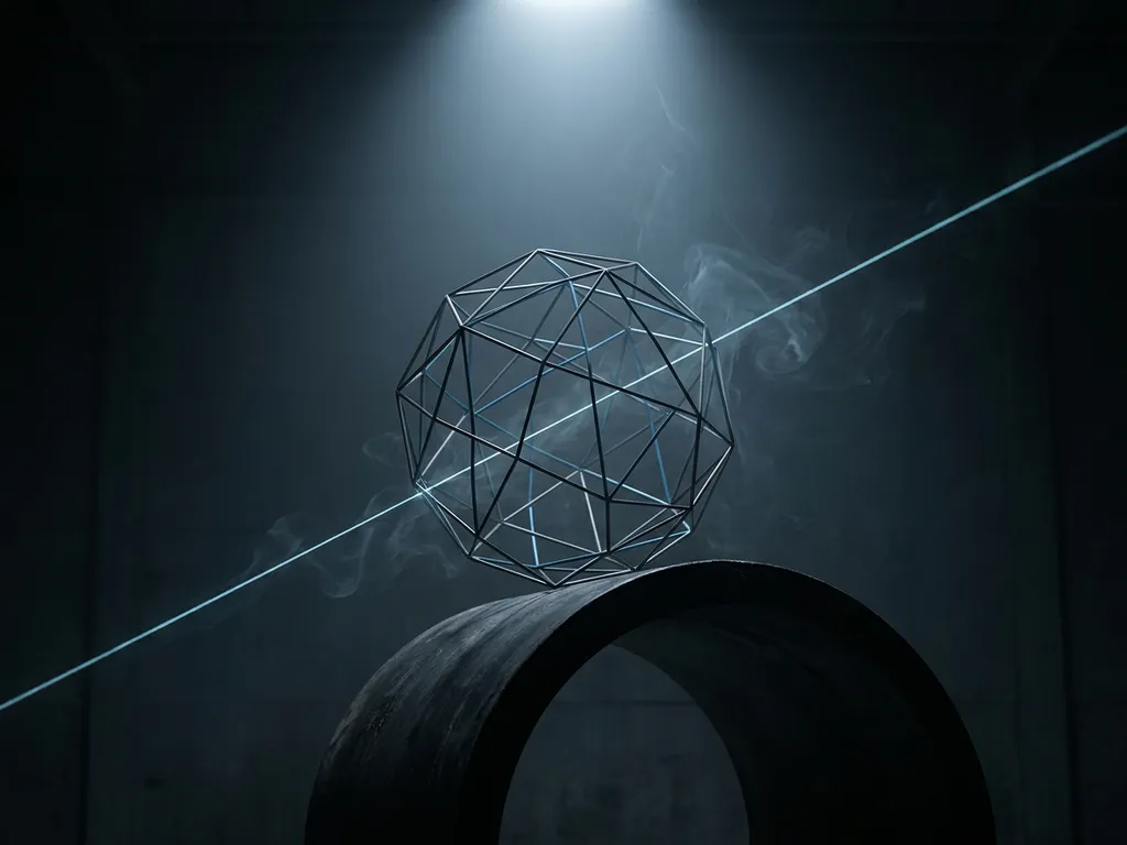 Wireframe methane molecule suspended above a dark pipeline cross-section, illuminated by a cyan laser beam detecting natural gas leaks.