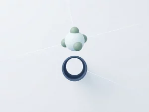 Methane molecule sphere above a pipeline cross-section with laser beam lines in slate blue, white, and sage green minimalist composition.