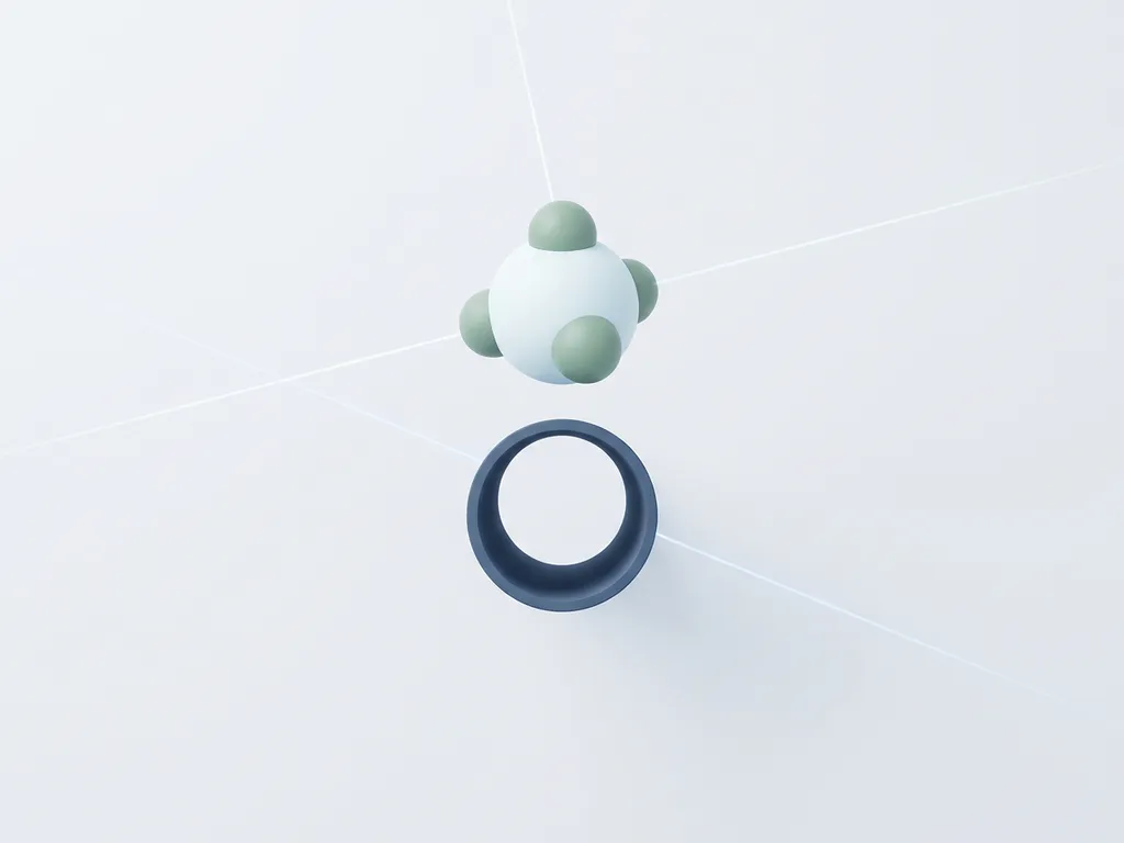 Methane molecule sphere above a pipeline cross-section with laser beam lines in slate blue, white, and sage green minimalist composition.