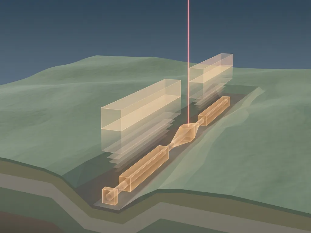 Aerial cross-section of buried pipeline emitting translucent methane plumes detected by a descending laser beam, sage green earth, slate blue sky.