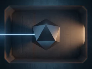 Geometric form illuminated by sharp directed and diffused ambient beams above a dark surface suggesting an underground pipeline cross-section.