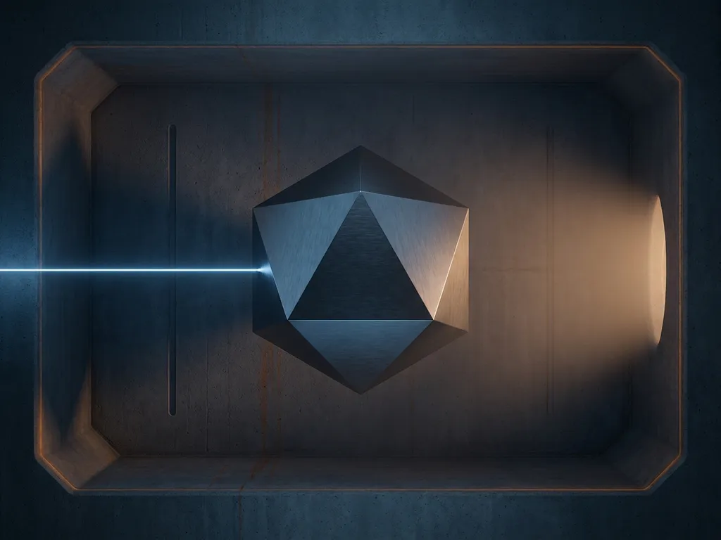 Geometric form illuminated by sharp directed and diffused ambient beams above a dark surface suggesting an underground pipeline cross-section.