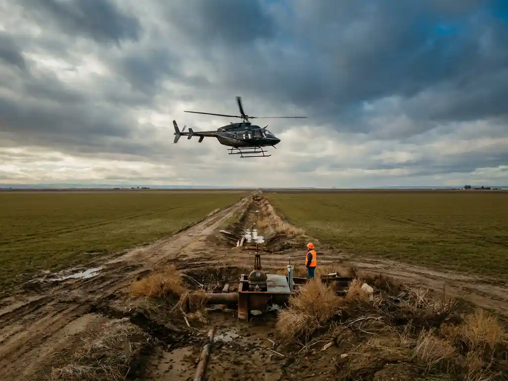 Helicopter conducting aerial inspection over a buried high-pressure steel pipeline corridor in the German countryside, technician in safety vest checking a pipe valve below.